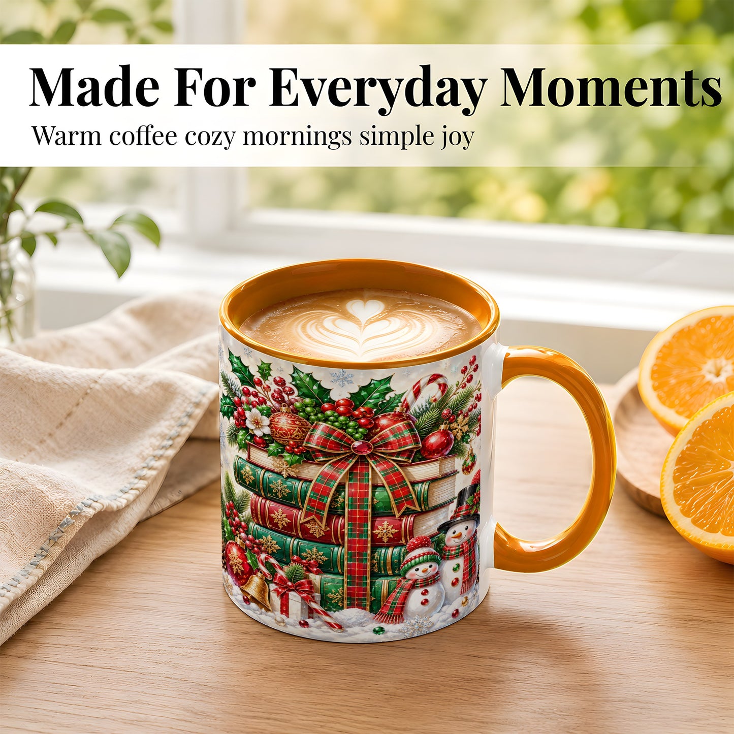#pl[11oz|Orange] Christmas Book Stack Coffee Mug, Snowman Holiday Mug, Ceramic Cup