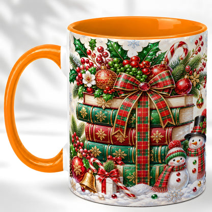 #pl[11oz|Orange] Christmas Book Stack Coffee Mug, Snowman Holiday Mug, Ceramic Cup