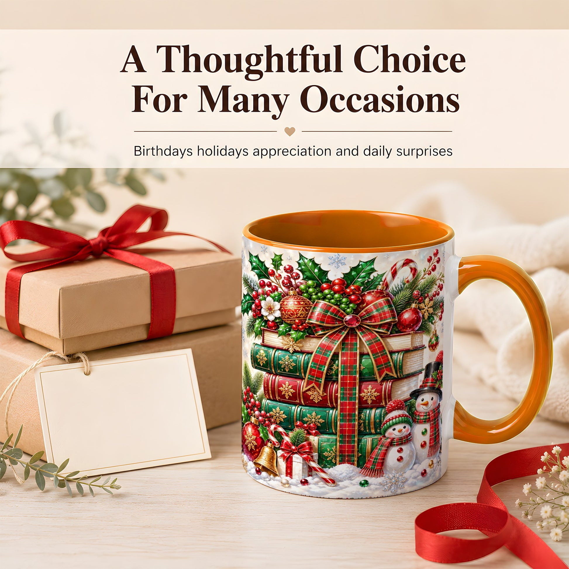 #pl[11oz|Orange] Christmas Book Stack Coffee Mug, Snowman Holiday Mug, Ceramic Cup