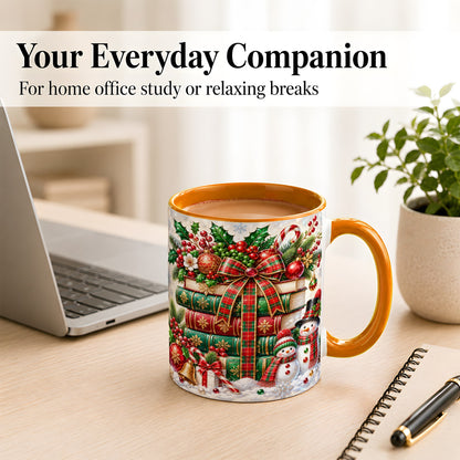 #pl[11oz|Orange] Christmas Book Stack Coffee Mug, Snowman Holiday Mug, Ceramic Cup
