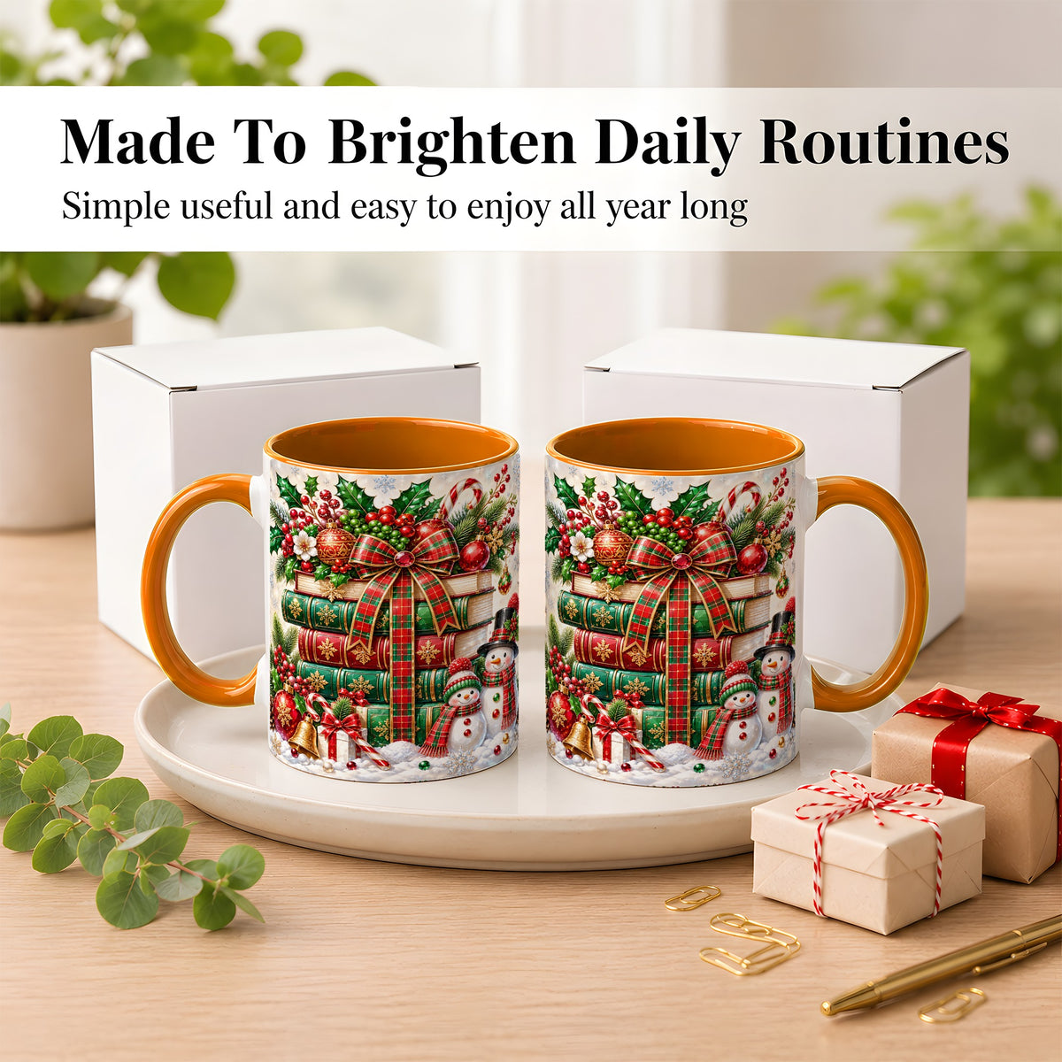 #pl[11oz|Orange] Christmas Book Stack Coffee Mug, Snowman Holiday Mug, Ceramic Cup