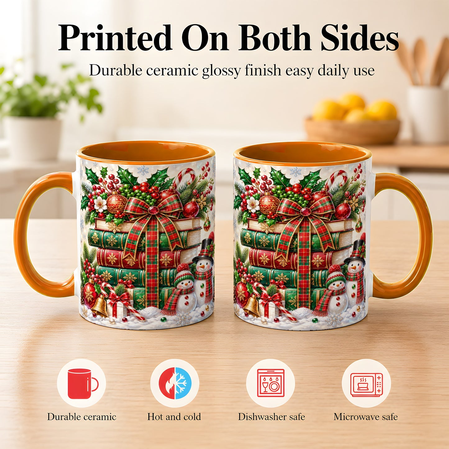 #pl[11oz|Orange] Christmas Book Stack Coffee Mug, Snowman Holiday Mug, Ceramic Cup