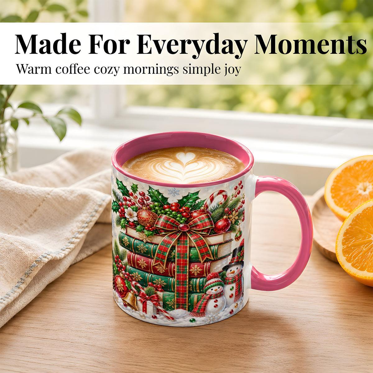 #pl[11oz|Pink] Christmas Book Stack Coffee Mug, Snowman Holiday Mug, Ceramic Cup