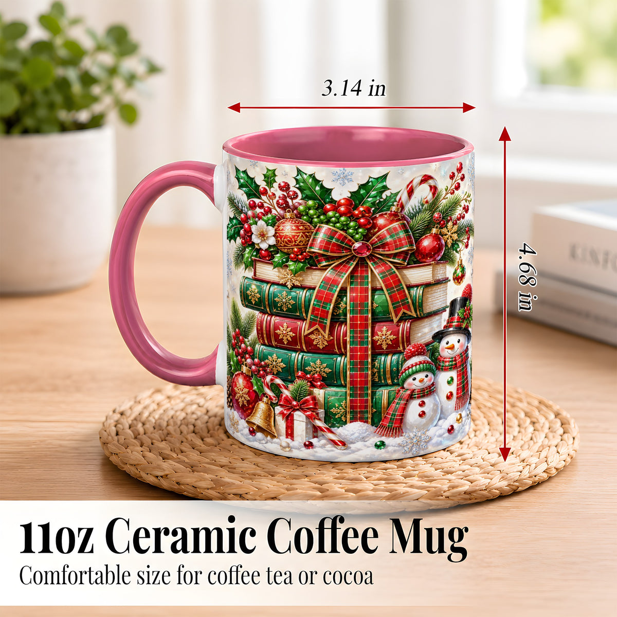 #pl[11oz|Pink] Christmas Book Stack Coffee Mug, Snowman Holiday Mug, Ceramic Cup