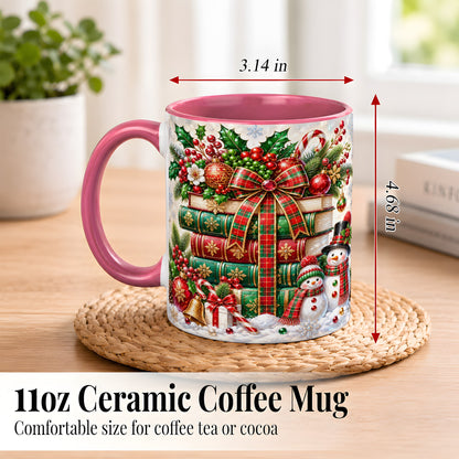 #pl[11oz|Pink] Christmas Book Stack Coffee Mug, Snowman Holiday Mug, Ceramic Cup
