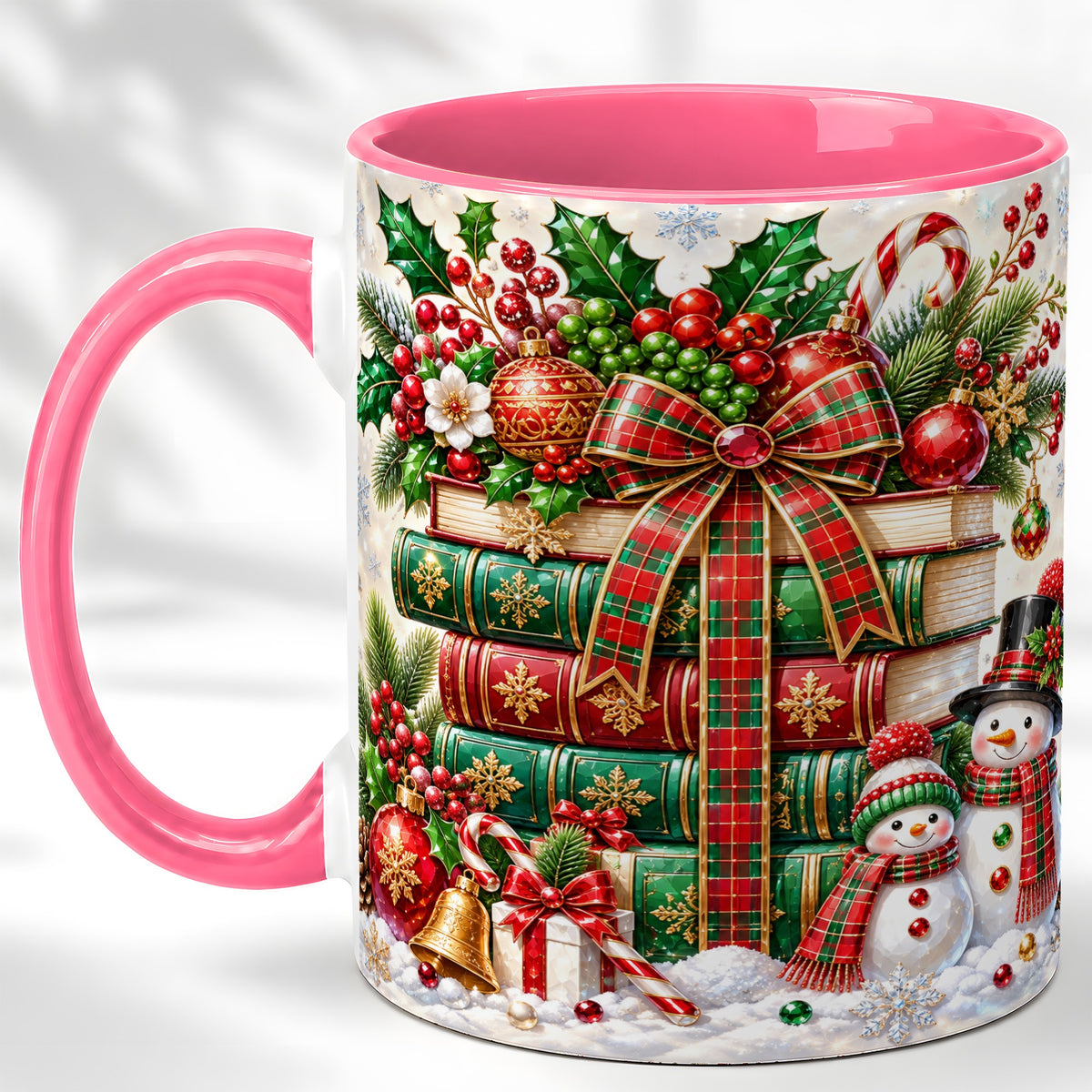 #pl[11oz|Pink] Christmas Book Stack Coffee Mug, Snowman Holiday Mug, Ceramic Cup