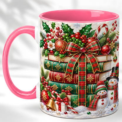 #pl[11oz|Pink] Christmas Book Stack Coffee Mug, Snowman Holiday Mug, Ceramic Cup