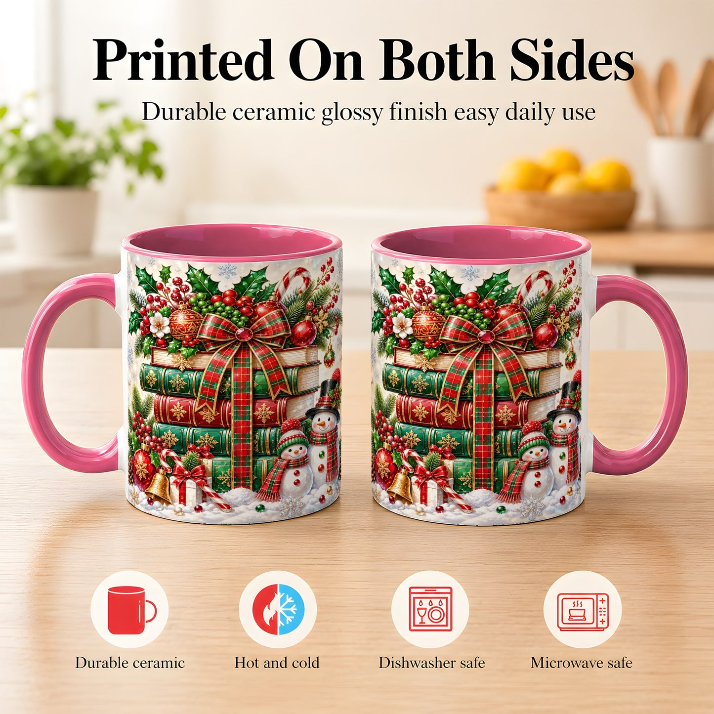 #pl[11oz|Pink] Christmas Book Stack Coffee Mug, Snowman Holiday Mug, Ceramic Cup