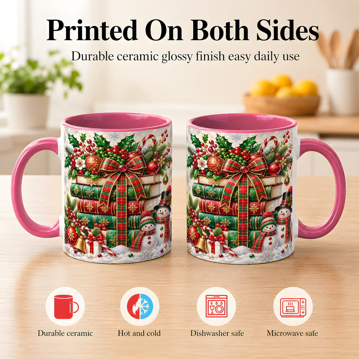 #pl[11oz|Pink] Christmas Book Stack Coffee Mug, Snowman Holiday Mug, Ceramic Cup