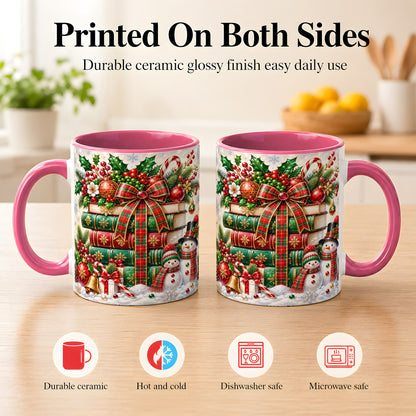 #pl[11oz|Pink] Christmas Book Stack Coffee Mug, Snowman Holiday Mug, Ceramic Cup