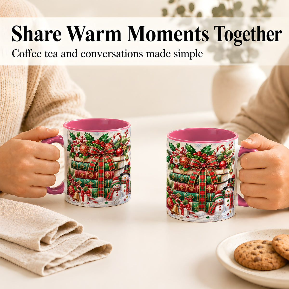 #pl[11oz|Pink] Christmas Book Stack Coffee Mug, Snowman Holiday Mug, Ceramic Cup