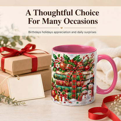 #pl[11oz|Pink] Christmas Book Stack Coffee Mug, Snowman Holiday Mug, Ceramic Cup