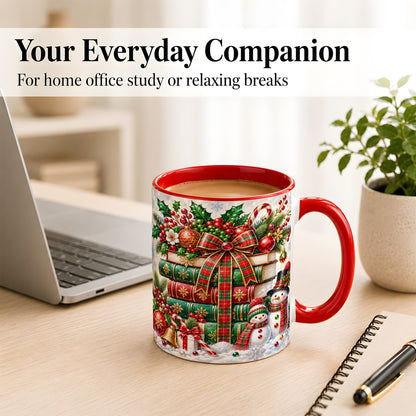 #pl[11oz|Red] Christmas Book Stack Coffee Mug, Snowman Holiday Mug, Ceramic Cup