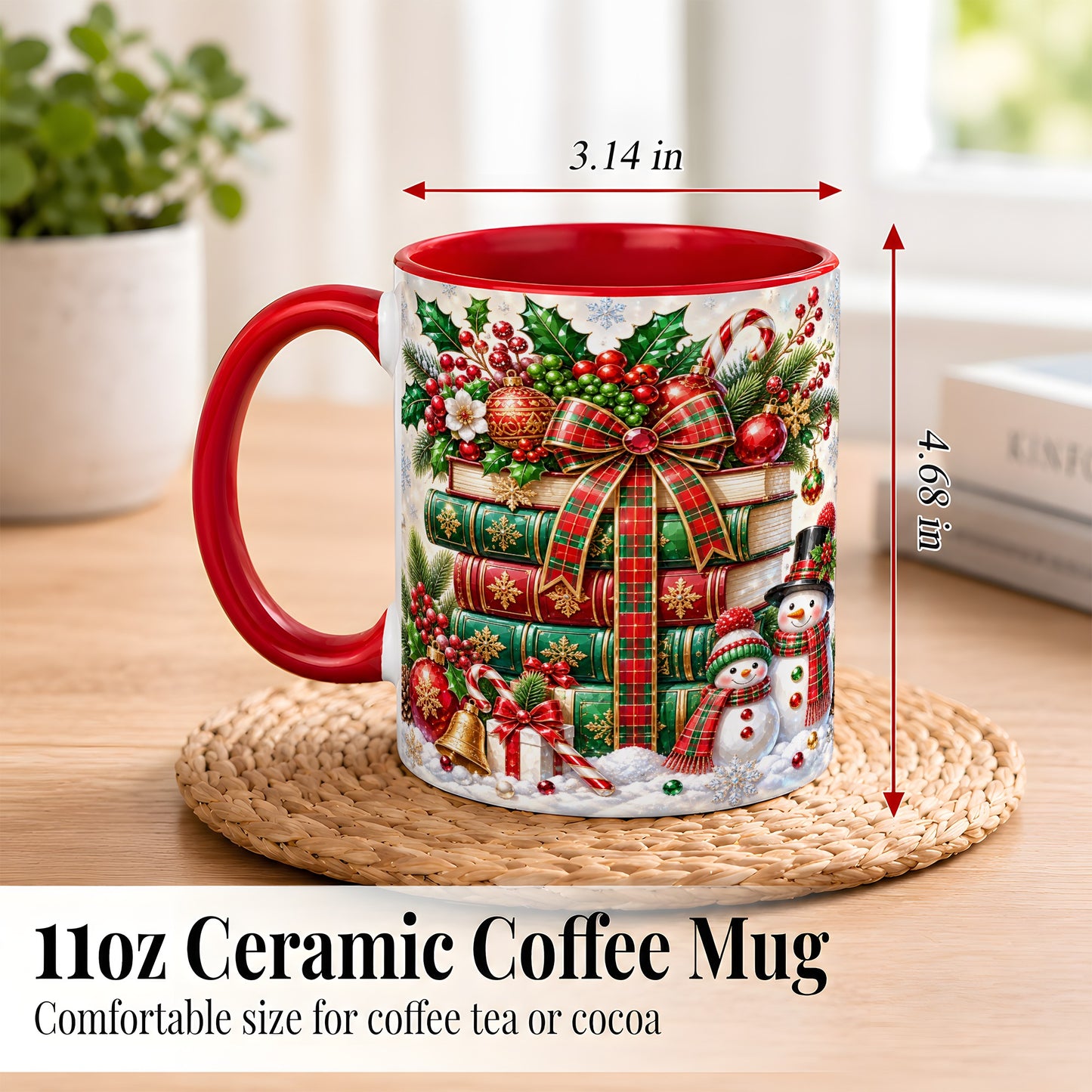 #pl[11oz|Red] Christmas Book Stack Coffee Mug, Snowman Holiday Mug, Ceramic Cup