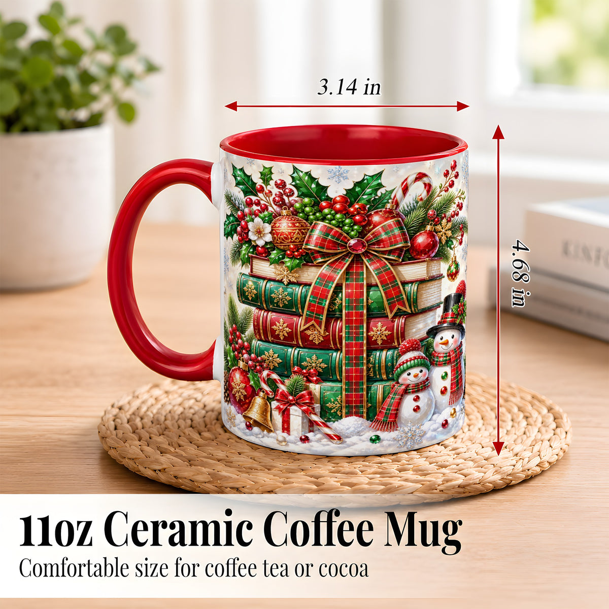 #pl[11oz|Red] Christmas Book Stack Coffee Mug, Snowman Holiday Mug, Ceramic Cup