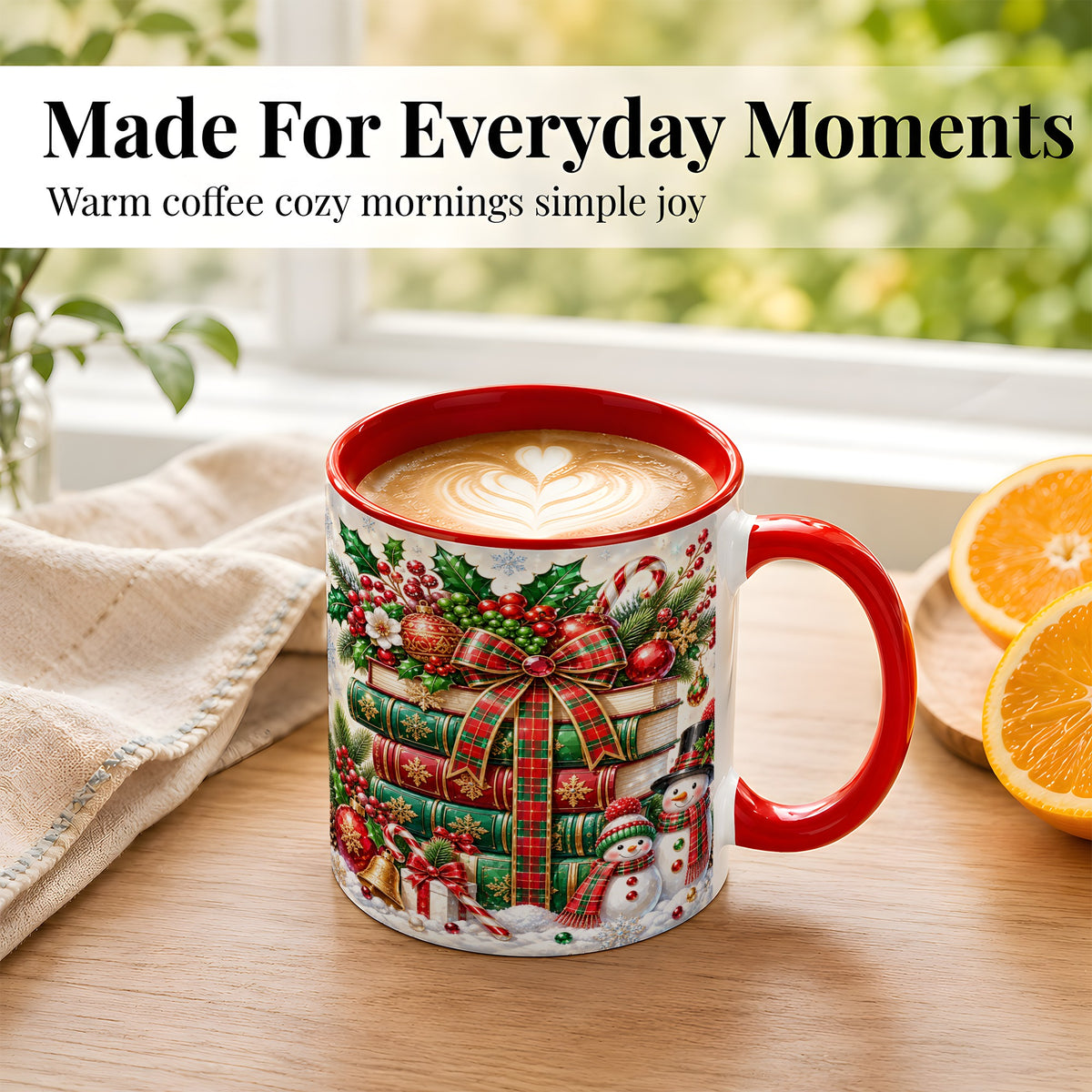 #pl[11oz|Red] Christmas Book Stack Coffee Mug, Snowman Holiday Mug, Ceramic Cup