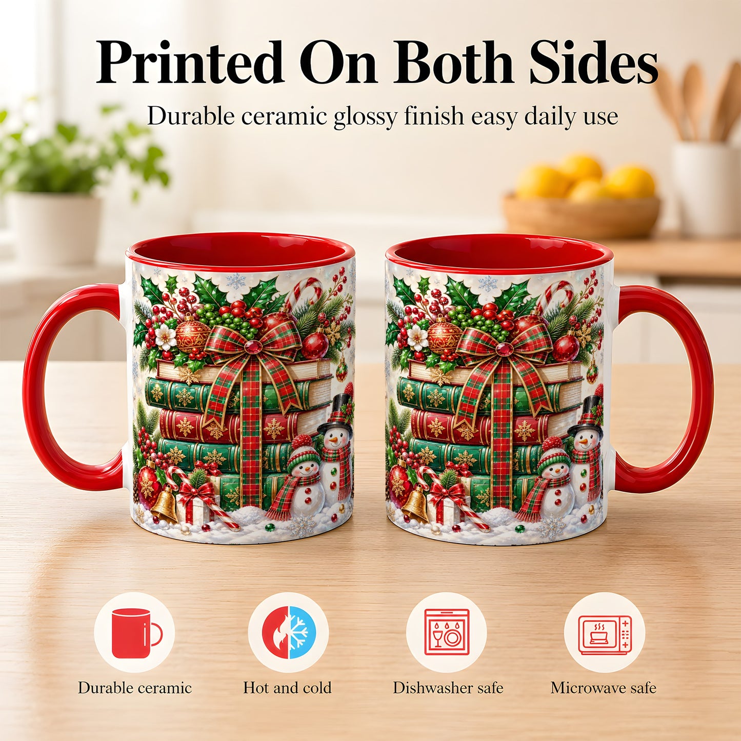 #pl[11oz|Red] Christmas Book Stack Coffee Mug, Snowman Holiday Mug, Ceramic Cup