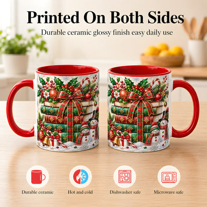 #pl[11oz|Red] Christmas Book Stack Coffee Mug, Snowman Holiday Mug, Ceramic Cup