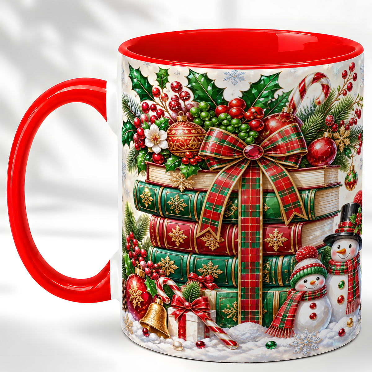 Christmas Book Stack Coffee Mug, Snowman Holiday Mug, Ceramic Cup