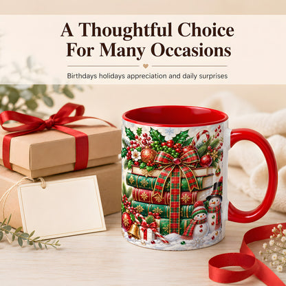 #pl[11oz|Red] Christmas Book Stack Coffee Mug, Snowman Holiday Mug, Ceramic Cup
