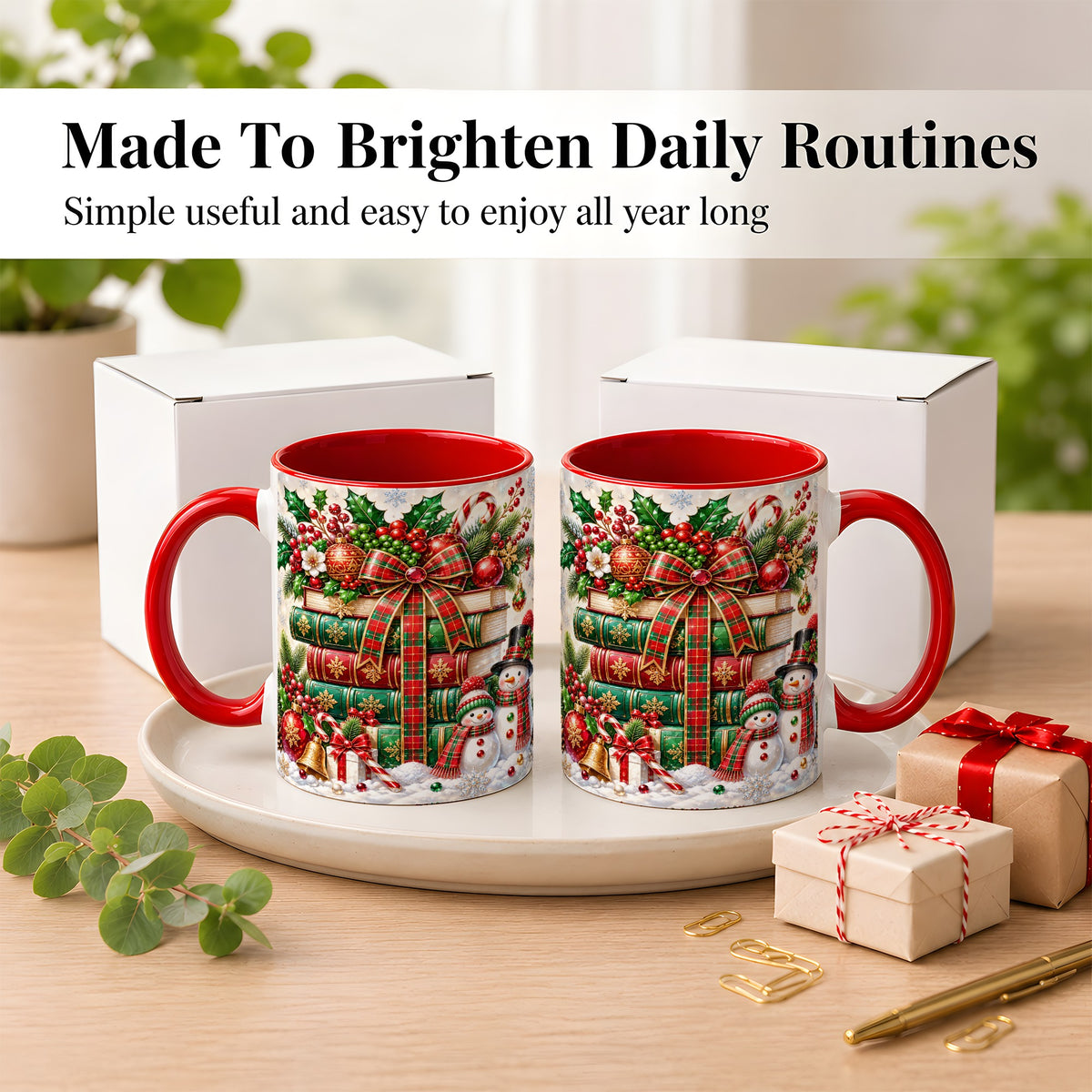 #pl[11oz|Red] Christmas Book Stack Coffee Mug, Snowman Holiday Mug, Ceramic Cup