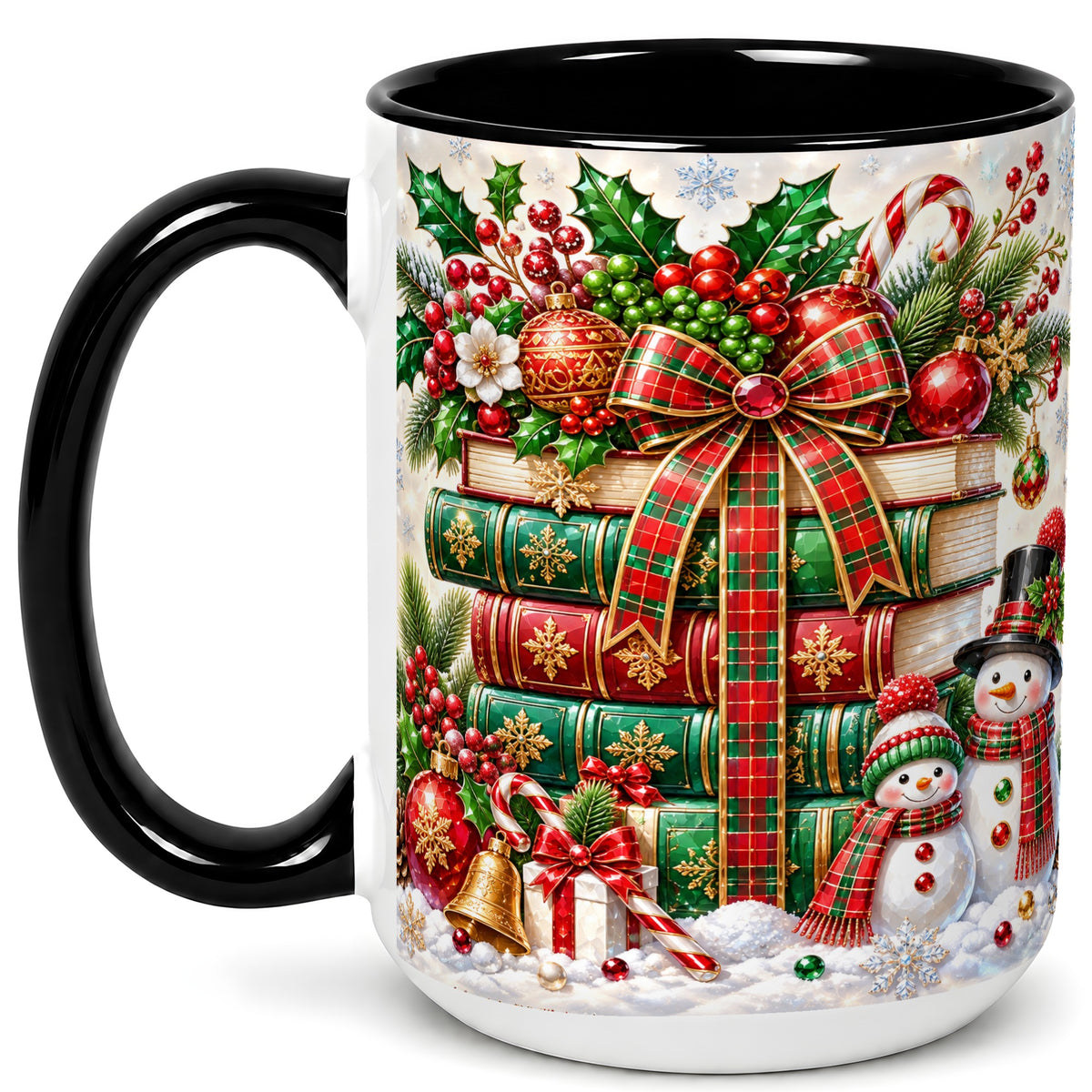 #pl[15oz|Black] Christmas Book Stack Coffee Mug, Snowman Holiday Mug, Ceramic Cup