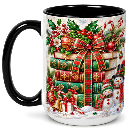 #pl[15oz|Black] Christmas Book Stack Coffee Mug, Snowman Holiday Mug, Ceramic Cup