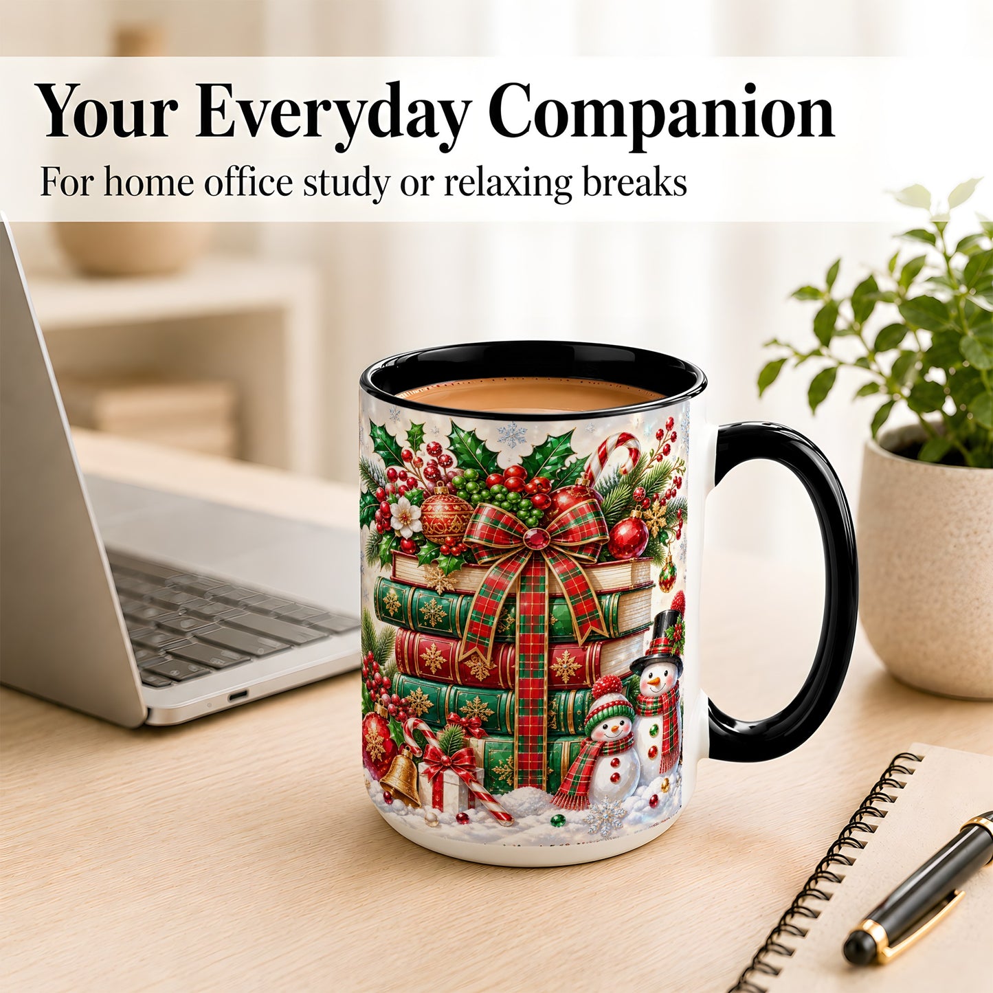 #pl[15oz|Black] Christmas Book Stack Coffee Mug, Snowman Holiday Mug, Ceramic Cup