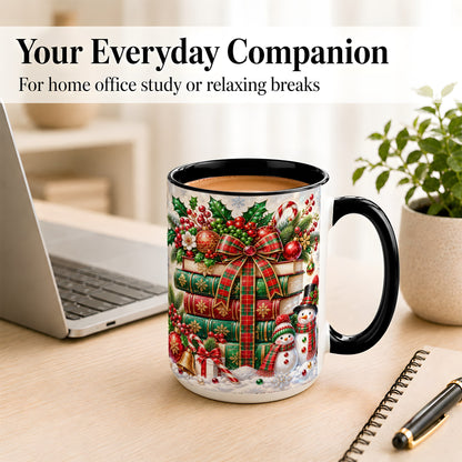 #pl[15oz|Black] Christmas Book Stack Coffee Mug, Snowman Holiday Mug, Ceramic Cup