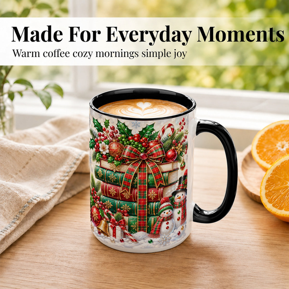 #pl[15oz|Black] Christmas Book Stack Coffee Mug, Snowman Holiday Mug, Ceramic Cup