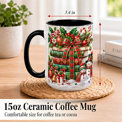 #pl[15oz|Black] Christmas Book Stack Coffee Mug, Snowman Holiday Mug, Ceramic Cup