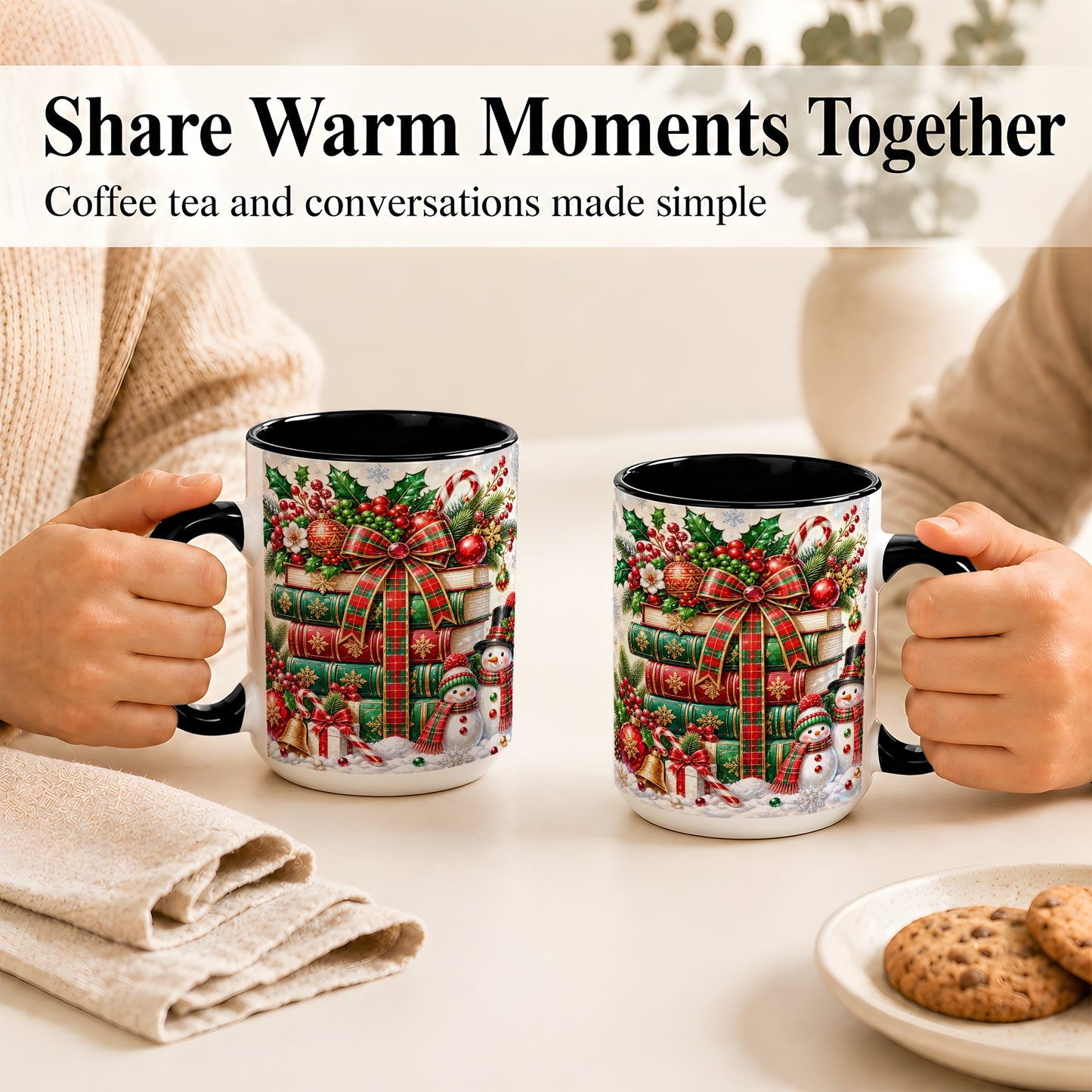 #pl[15oz|Black] Christmas Book Stack Coffee Mug, Snowman Holiday Mug, Ceramic Cup