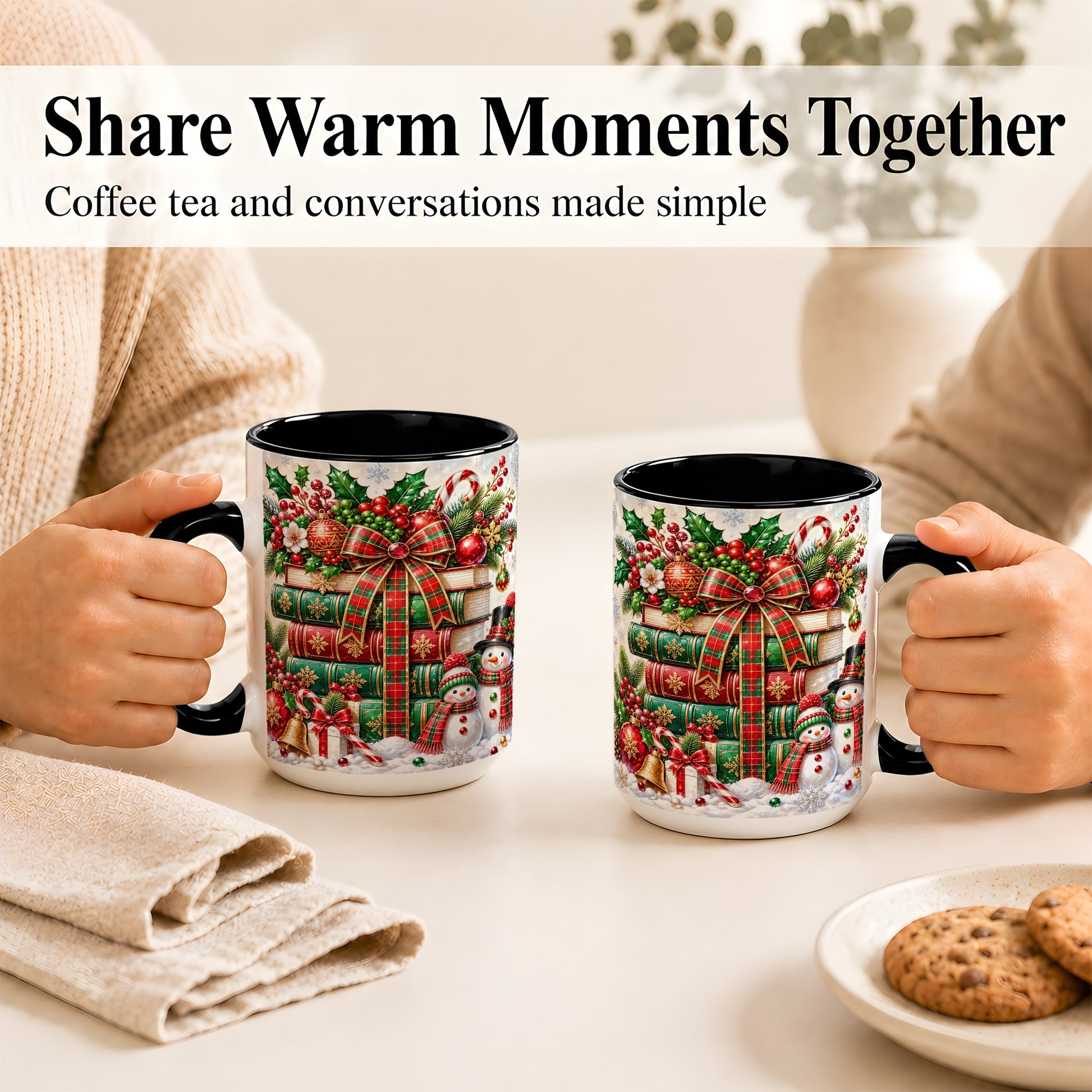 #pl[15oz|Black] Christmas Book Stack Coffee Mug, Snowman Holiday Mug, Ceramic Cup