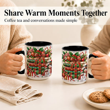 #pl[15oz|Black] Christmas Book Stack Coffee Mug, Snowman Holiday Mug, Ceramic Cup