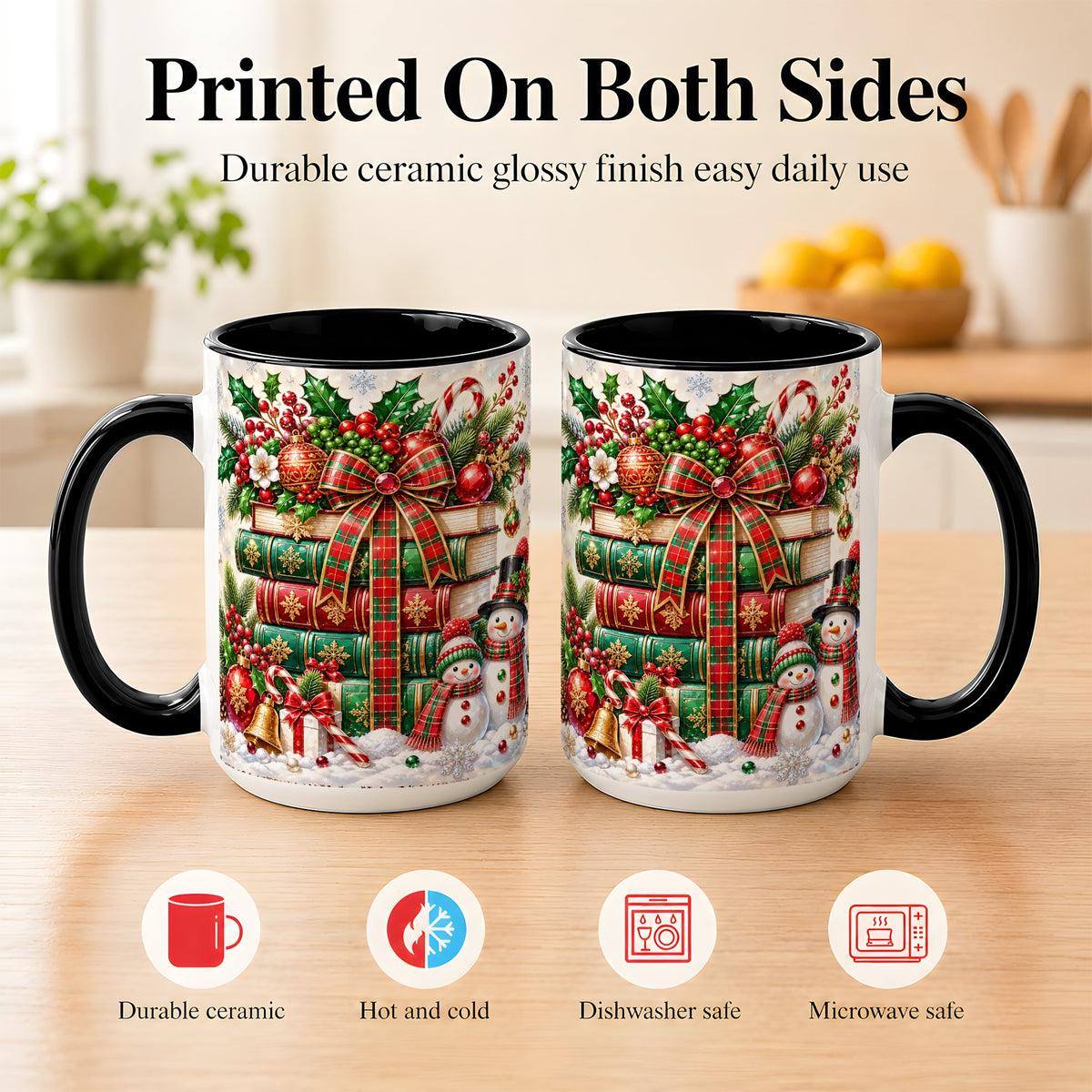 #pl[15oz|Black] Christmas Book Stack Coffee Mug, Snowman Holiday Mug, Ceramic Cup