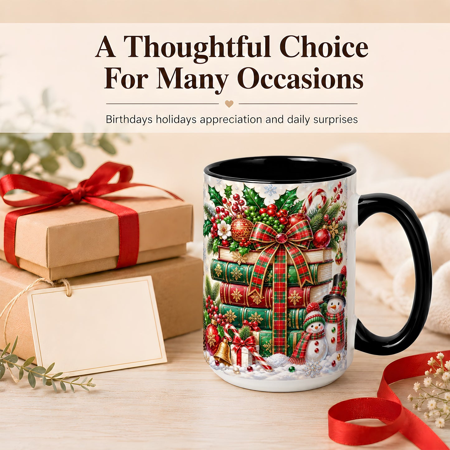 #pl[15oz|Black] Christmas Book Stack Coffee Mug, Snowman Holiday Mug, Ceramic Cup