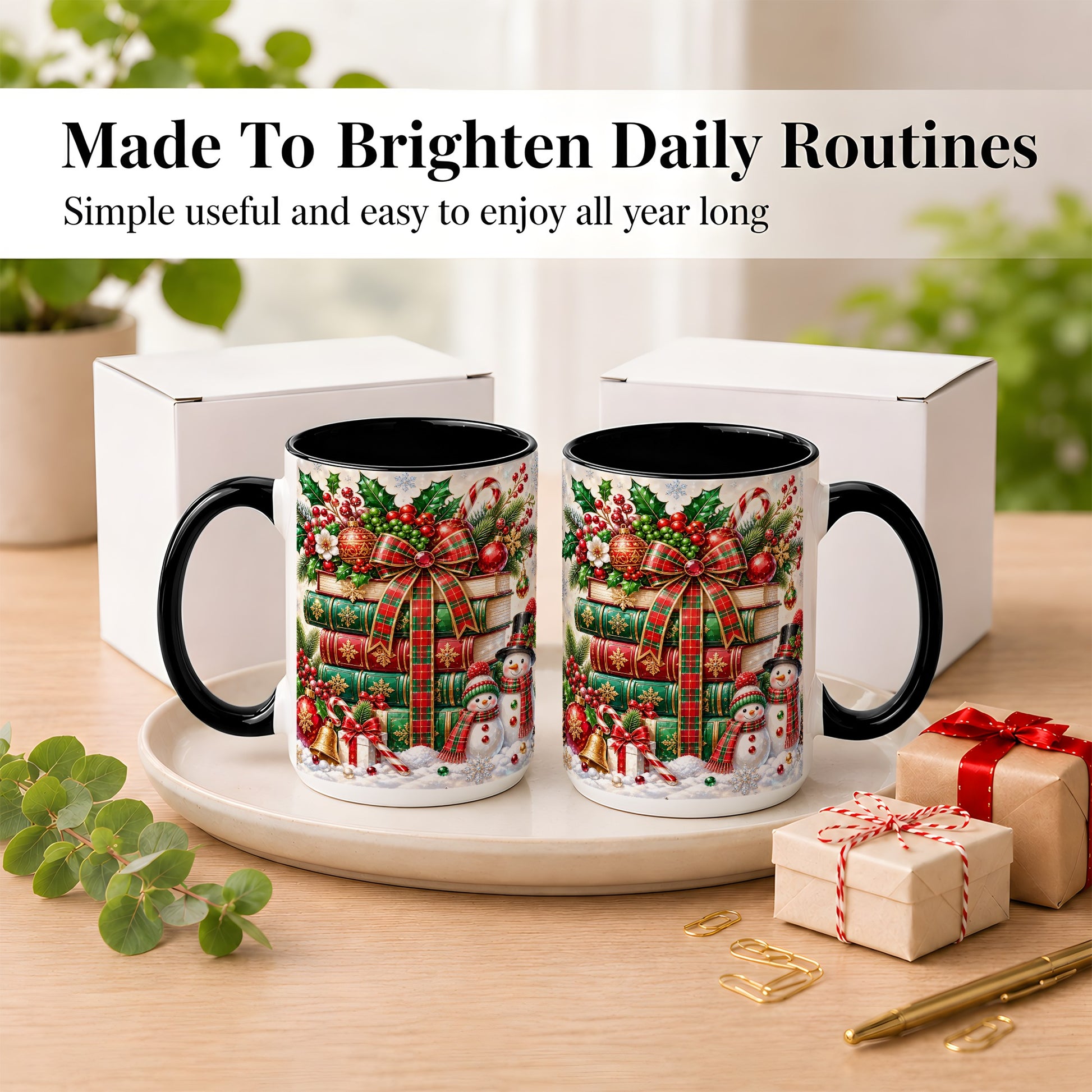 #pl[15oz|Black] Christmas Book Stack Coffee Mug, Snowman Holiday Mug, Ceramic Cup