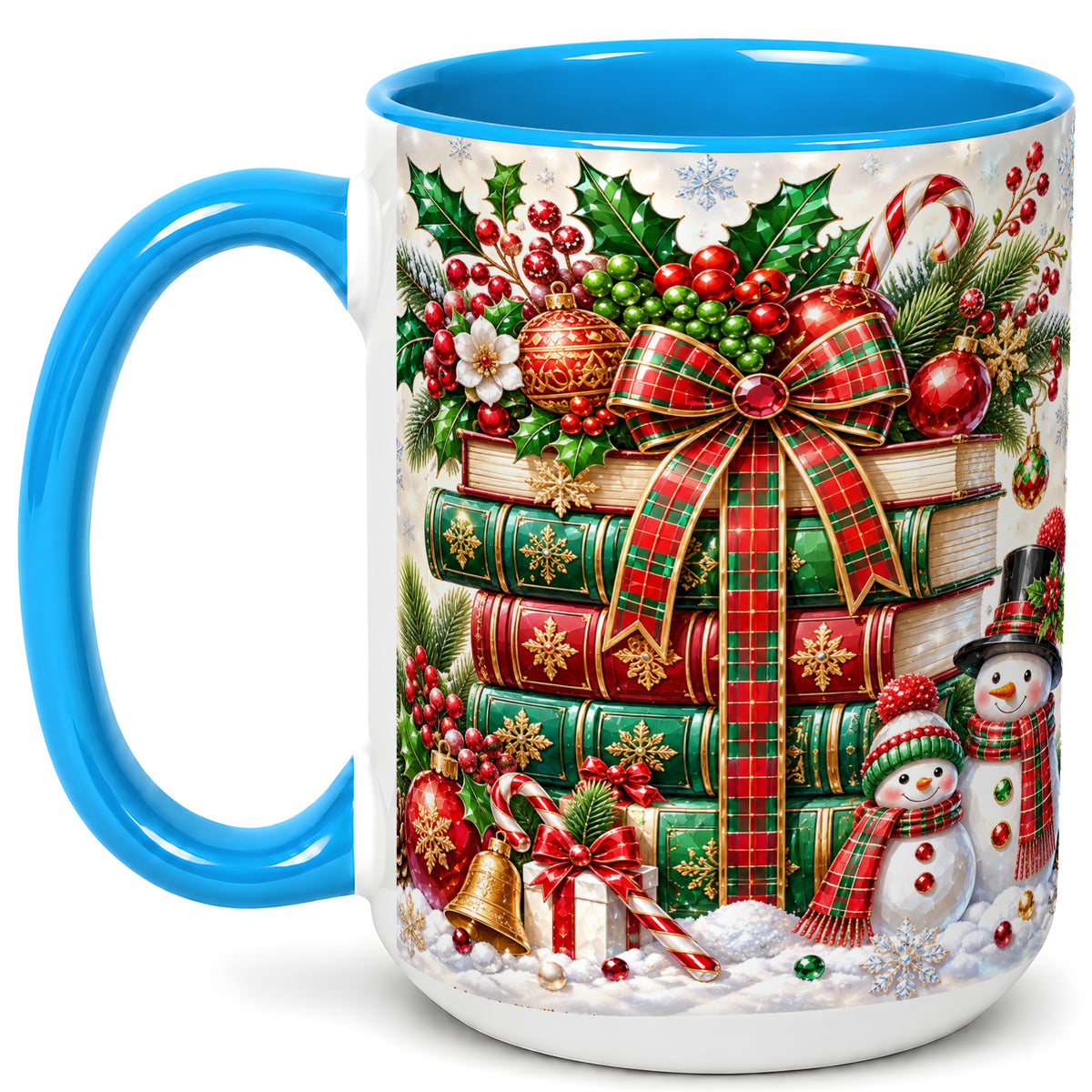 #pl[15oz|Blue] Christmas Book Stack Coffee Mug, Snowman Holiday Mug, Ceramic Cup