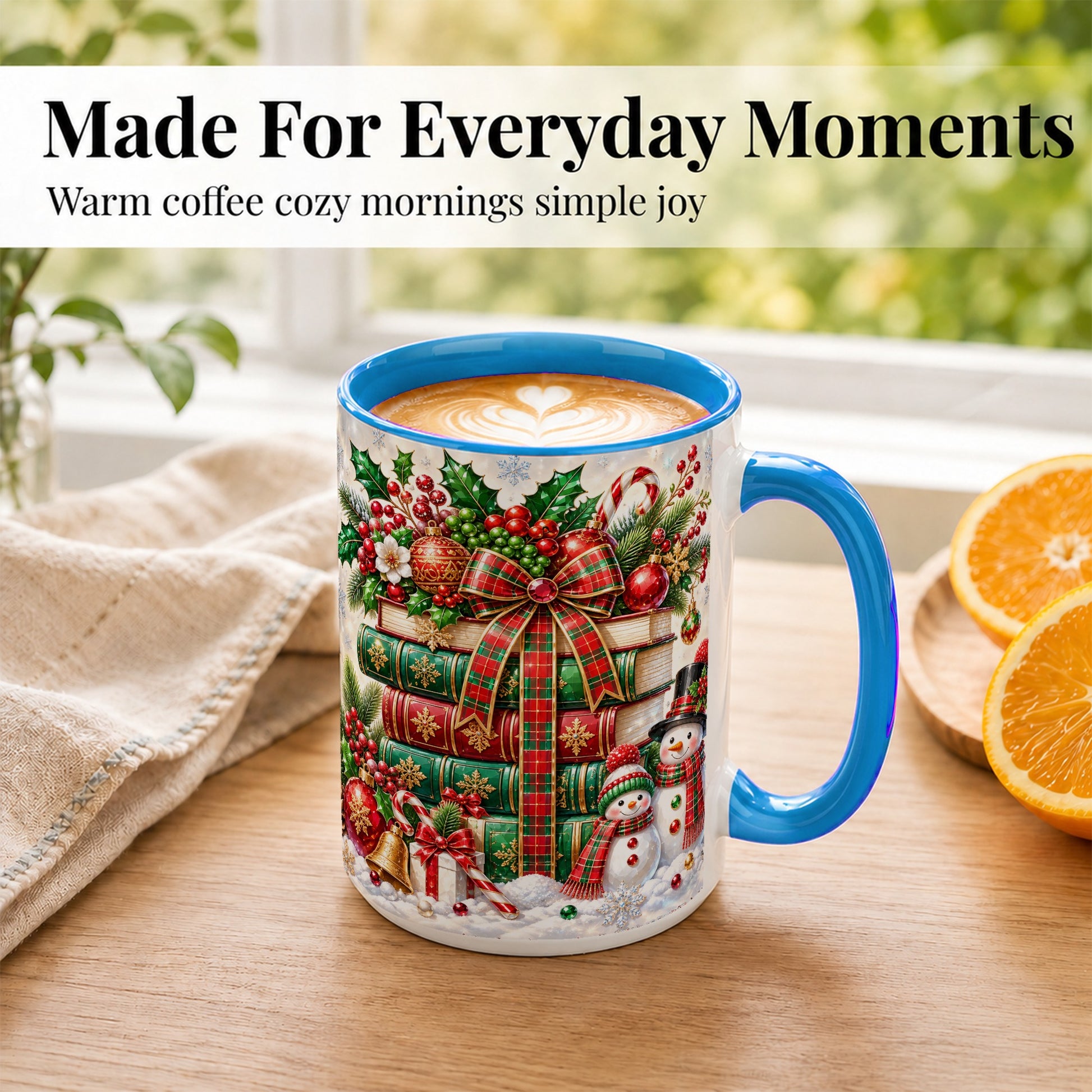 #pl[15oz|Blue] Christmas Book Stack Coffee Mug, Snowman Holiday Mug, Ceramic Cup
