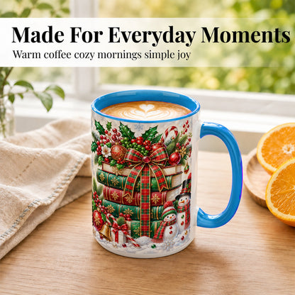 #pl[15oz|Blue] Christmas Book Stack Coffee Mug, Snowman Holiday Mug, Ceramic Cup