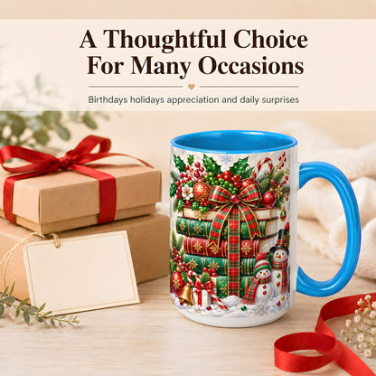 #pl[15oz|Blue] Christmas Book Stack Coffee Mug, Snowman Holiday Mug, Ceramic Cup