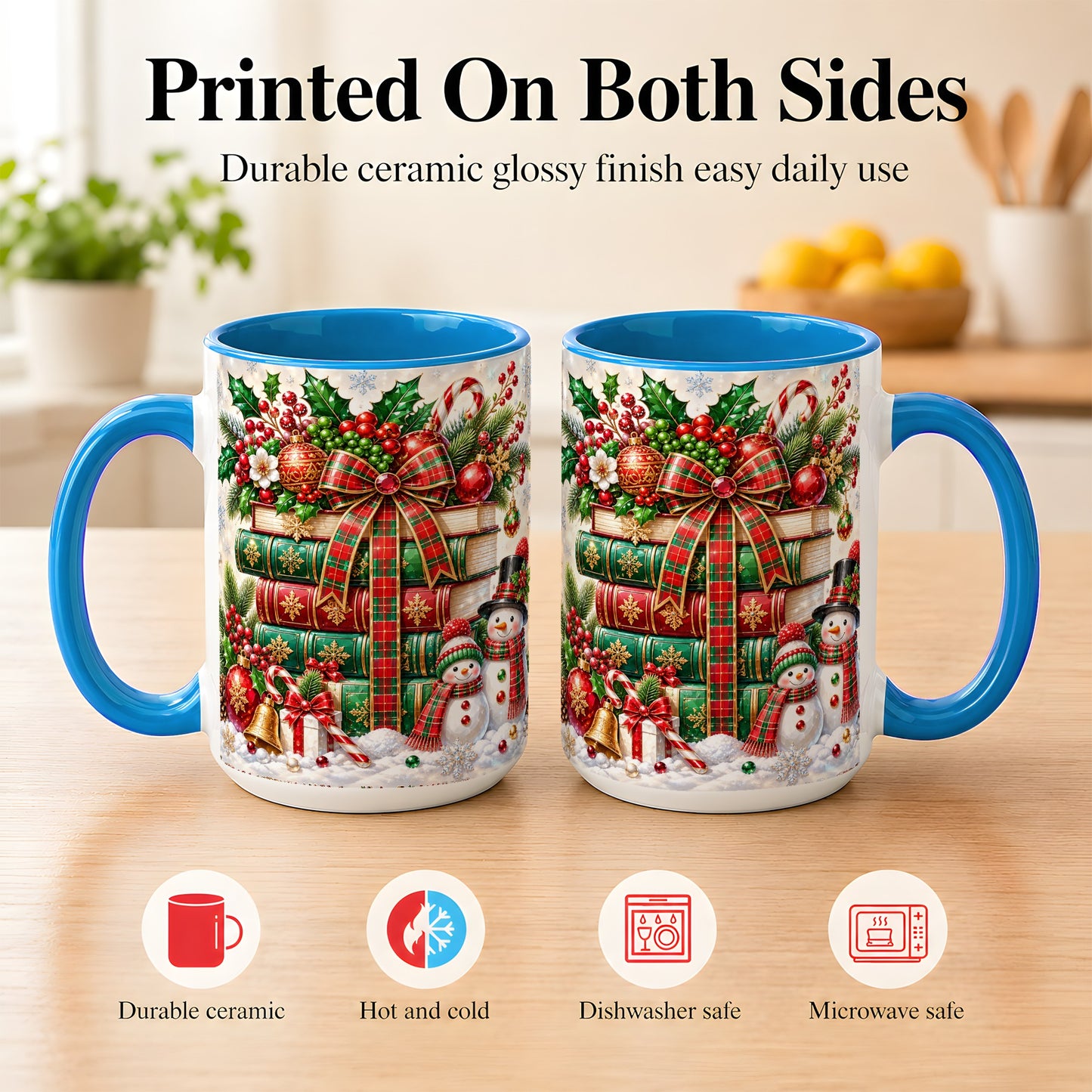 #pl[15oz|Blue] Christmas Book Stack Coffee Mug, Snowman Holiday Mug, Ceramic Cup