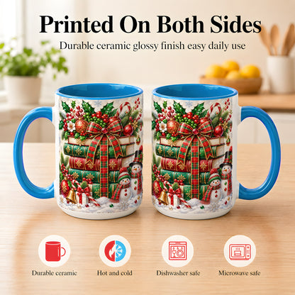 #pl[15oz|Blue] Christmas Book Stack Coffee Mug, Snowman Holiday Mug, Ceramic Cup