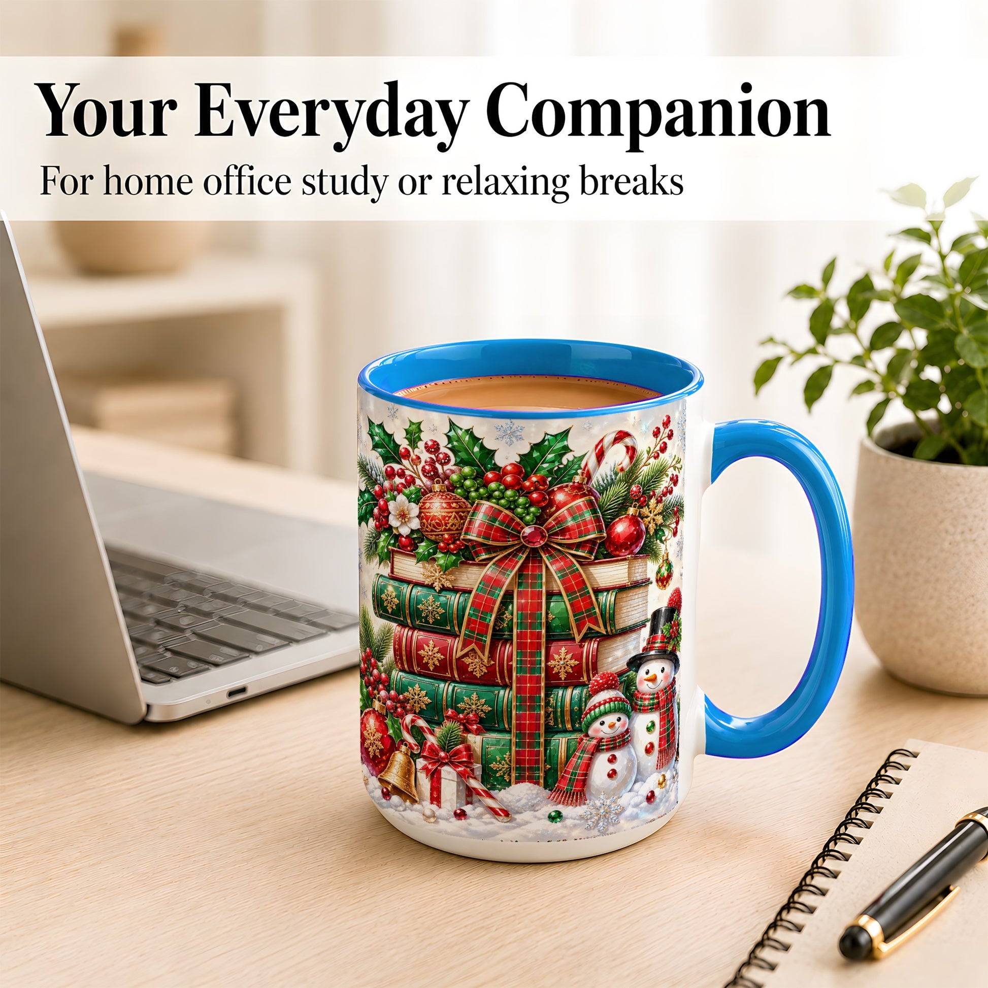 #pl[15oz|Blue] Christmas Book Stack Coffee Mug, Snowman Holiday Mug, Ceramic Cup