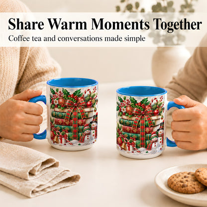 #pl[15oz|Blue] Christmas Book Stack Coffee Mug, Snowman Holiday Mug, Ceramic Cup