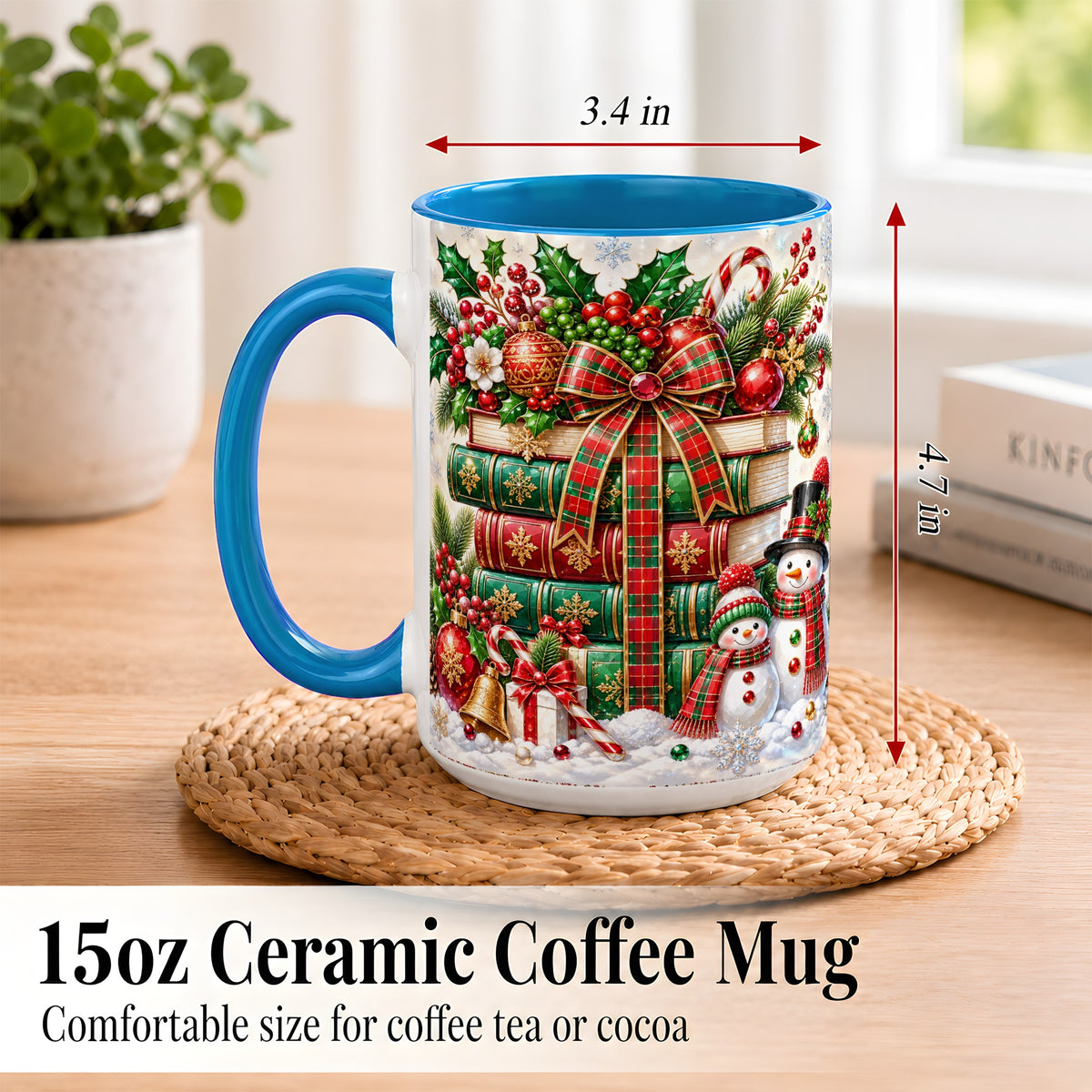 #pl[15oz|Blue] Christmas Book Stack Coffee Mug, Snowman Holiday Mug, Ceramic Cup