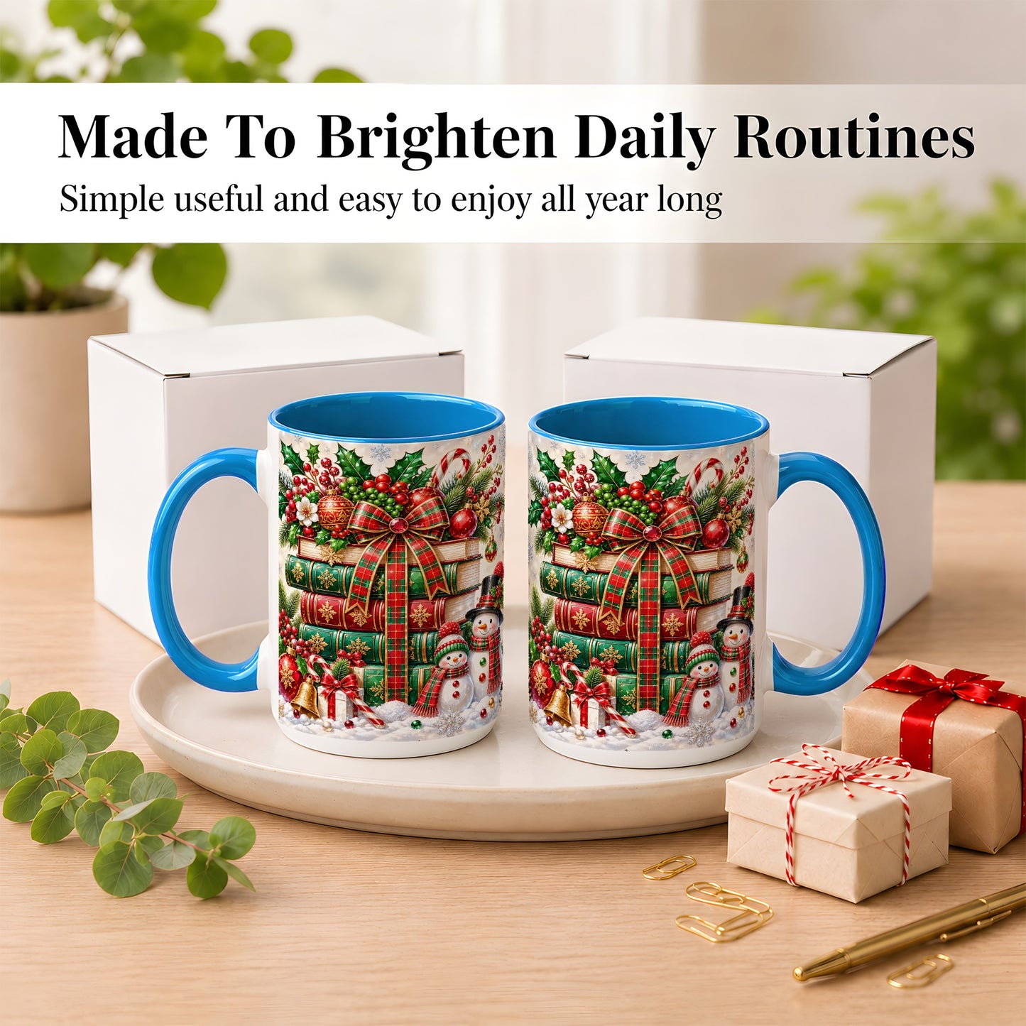 #pl[15oz|Blue] Christmas Book Stack Coffee Mug, Snowman Holiday Mug, Ceramic Cup