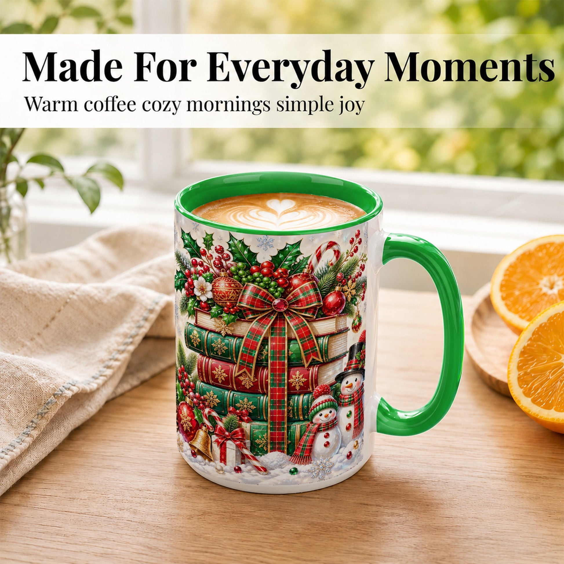 #pl[15oz|Green] Christmas Book Stack Coffee Mug, Snowman Holiday Mug, Ceramic Cup
