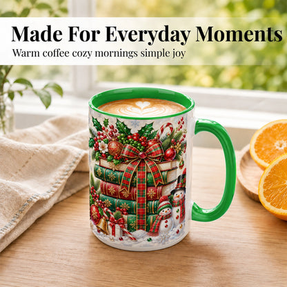 #pl[15oz|Green] Christmas Book Stack Coffee Mug, Snowman Holiday Mug, Ceramic Cup