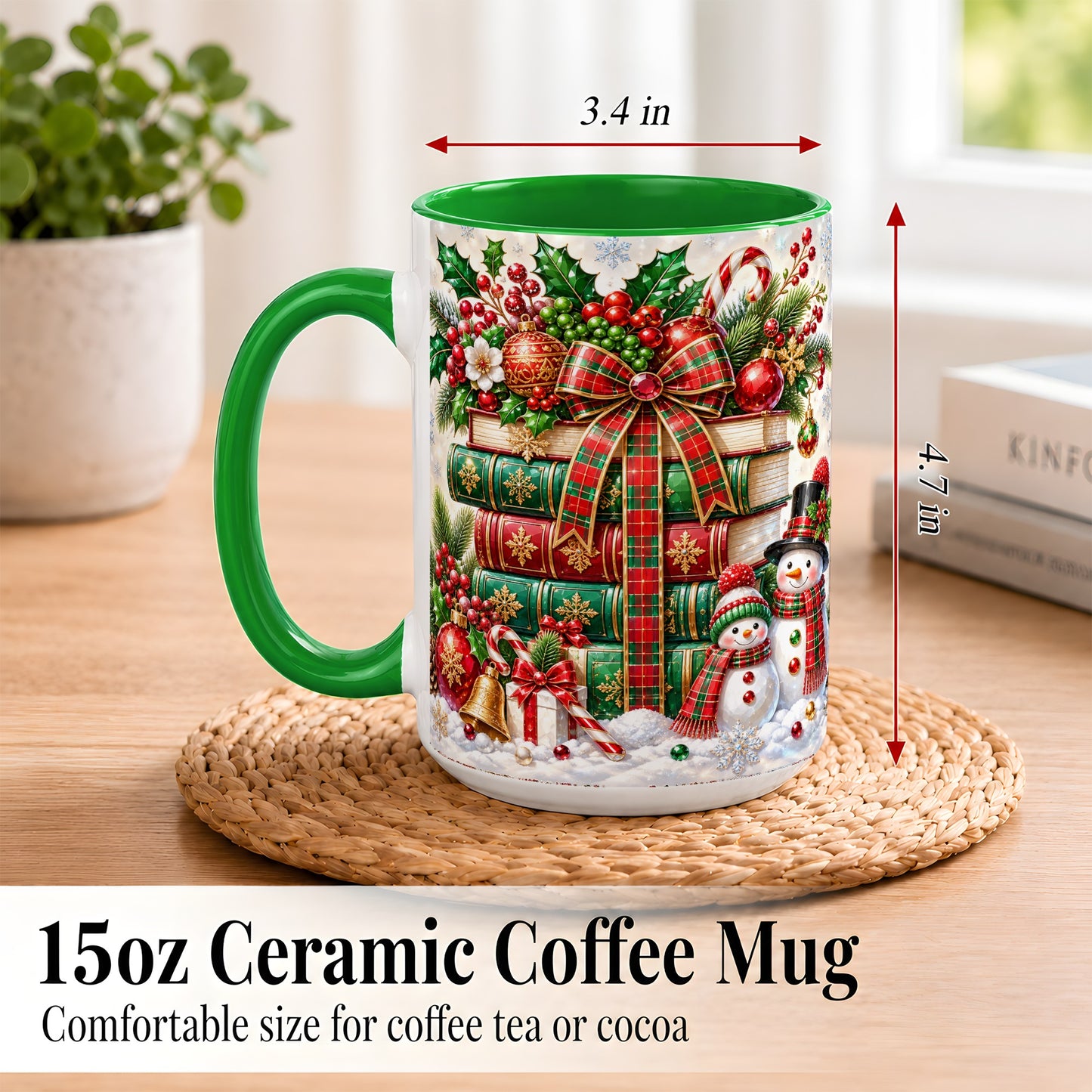 #pl[15oz|Green] Christmas Book Stack Coffee Mug, Snowman Holiday Mug, Ceramic Cup